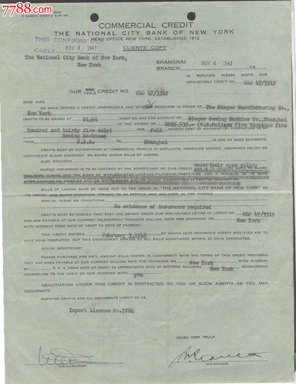 1947年美国花旗银行上海分行英文信用证-se2