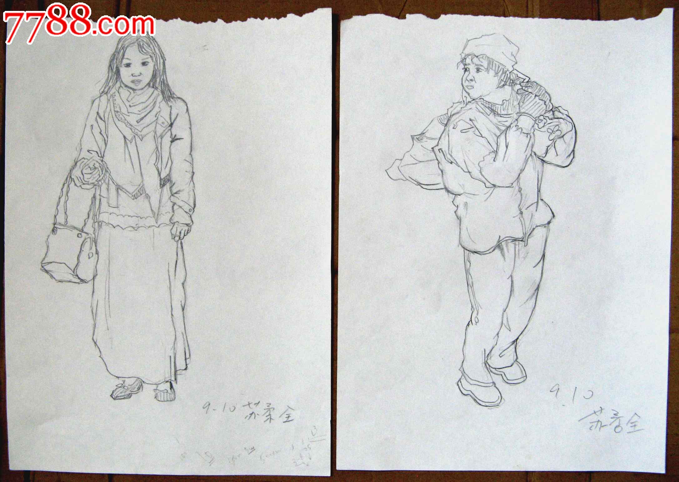 素描人物画2幅:拿包的女生