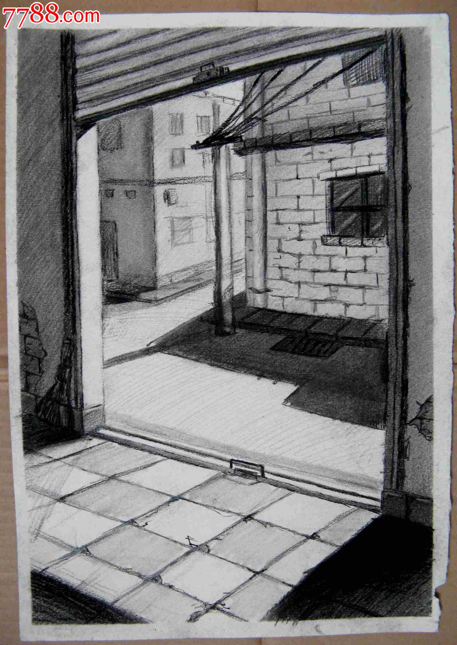 铅笔素描画:窗内看到的街景