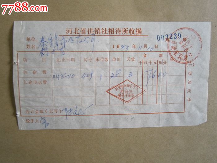 河北省供销社招待所收据