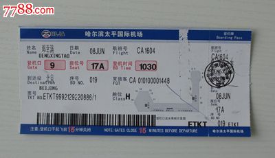 作废登机牌--哈尔滨太平国际机场