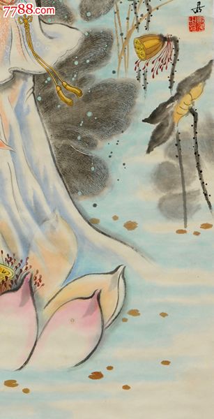 著名国画家欧居富原画《荷花仙子》中堂-人物国画原作