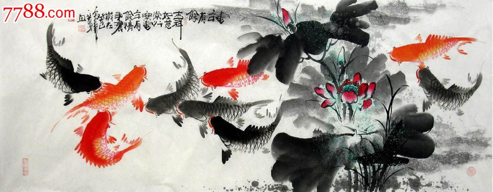 何奕勇·小六尺荷花九鱼图