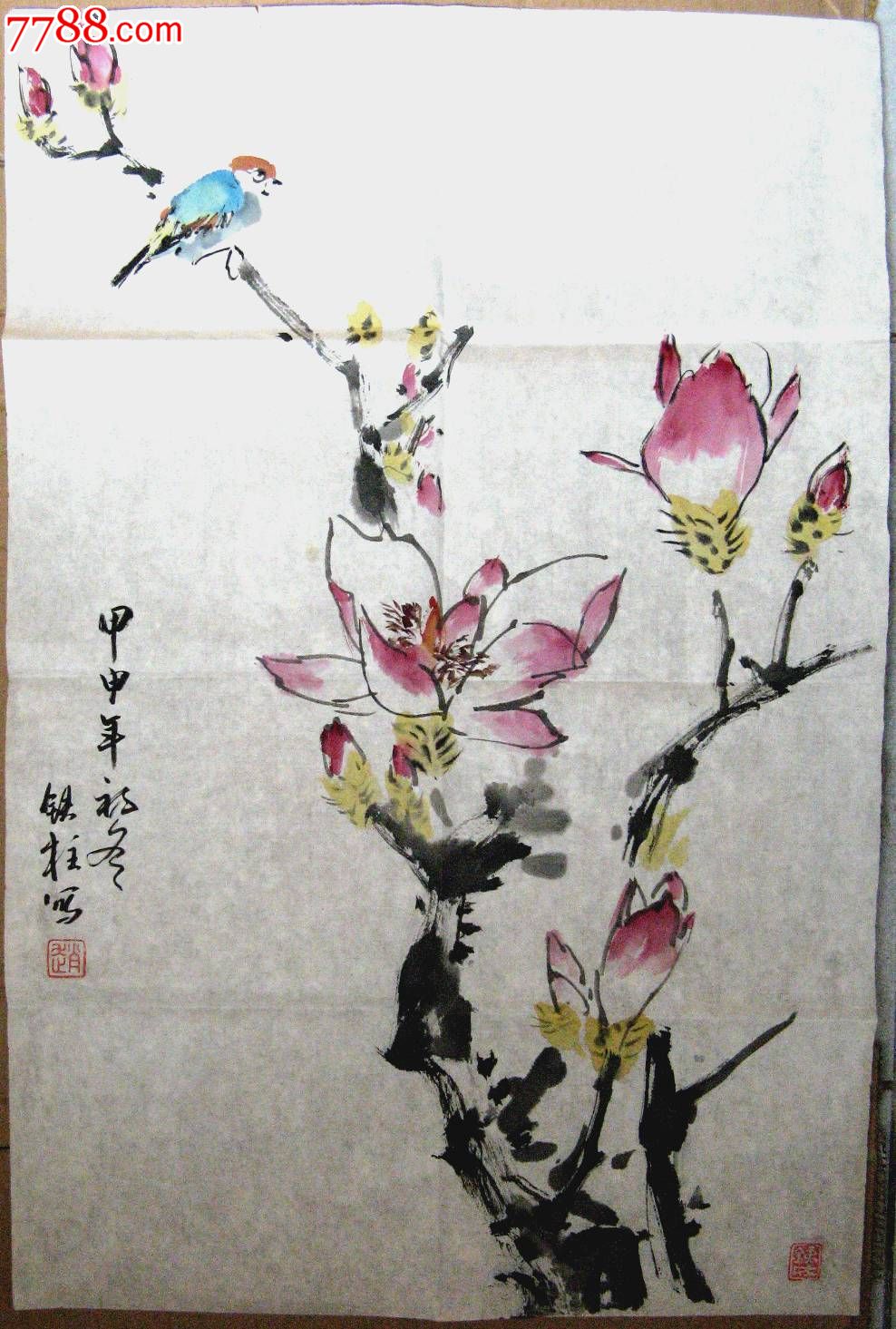 简练清秀的四尺开三写意花鸟画:玉兰翠鸟