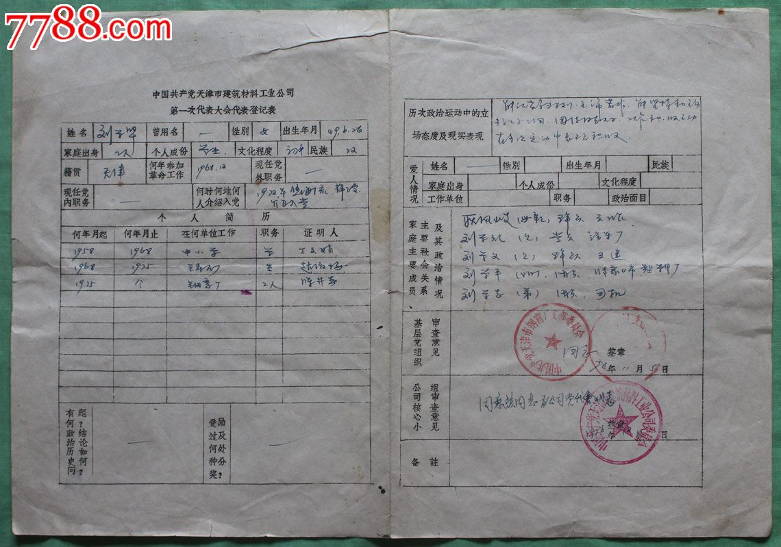 1976年【天津建材公司党代会代表登记表】_其