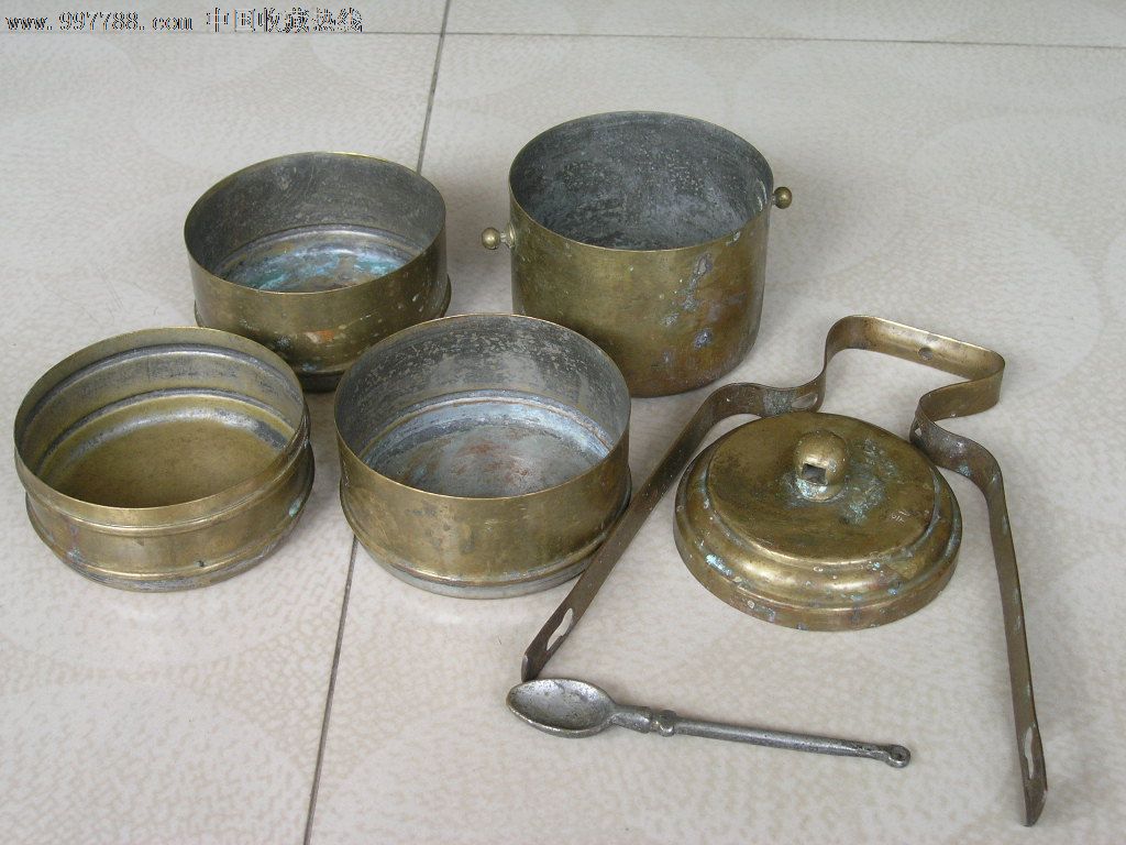 1937年二战飞虎队带款编号四节提梁全铜饭盒全套珍贵