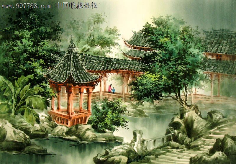 张明康水彩画江南水乡办公家居装饰送礼20369