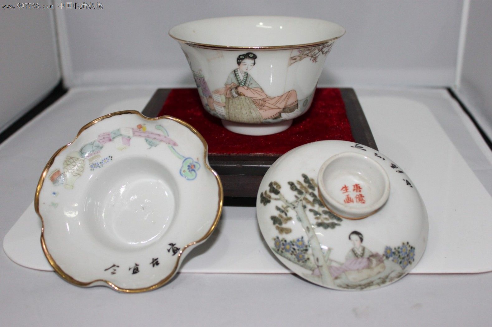 唐子桢仕女茶盖碗三件套