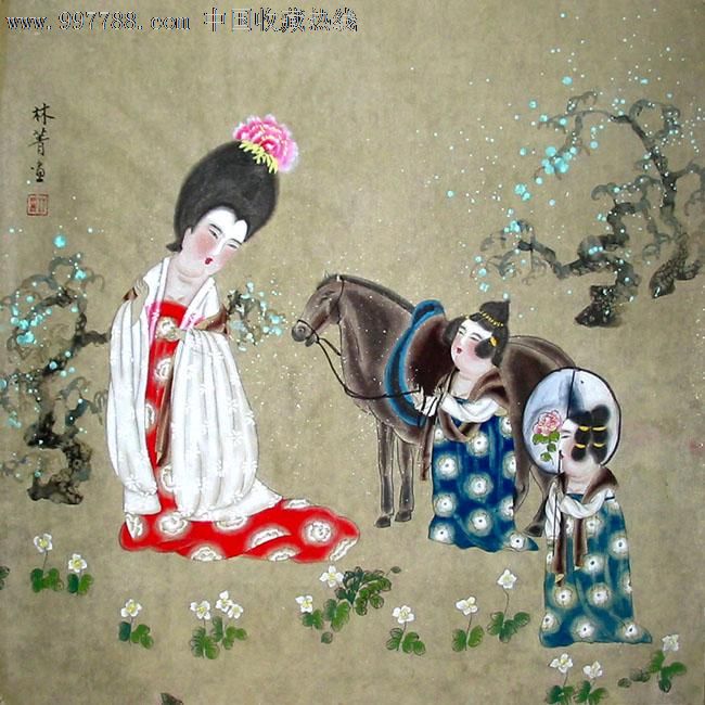 林菁人物画唐贵妃游园四尺斗方书屋茶楼装饰客厅家居装饰04429