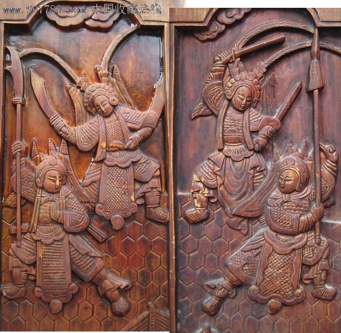 六片一套刀马京剧清雕板,木雕花板,樟木,清朝,人物,浮雕,20cm-50cm_第