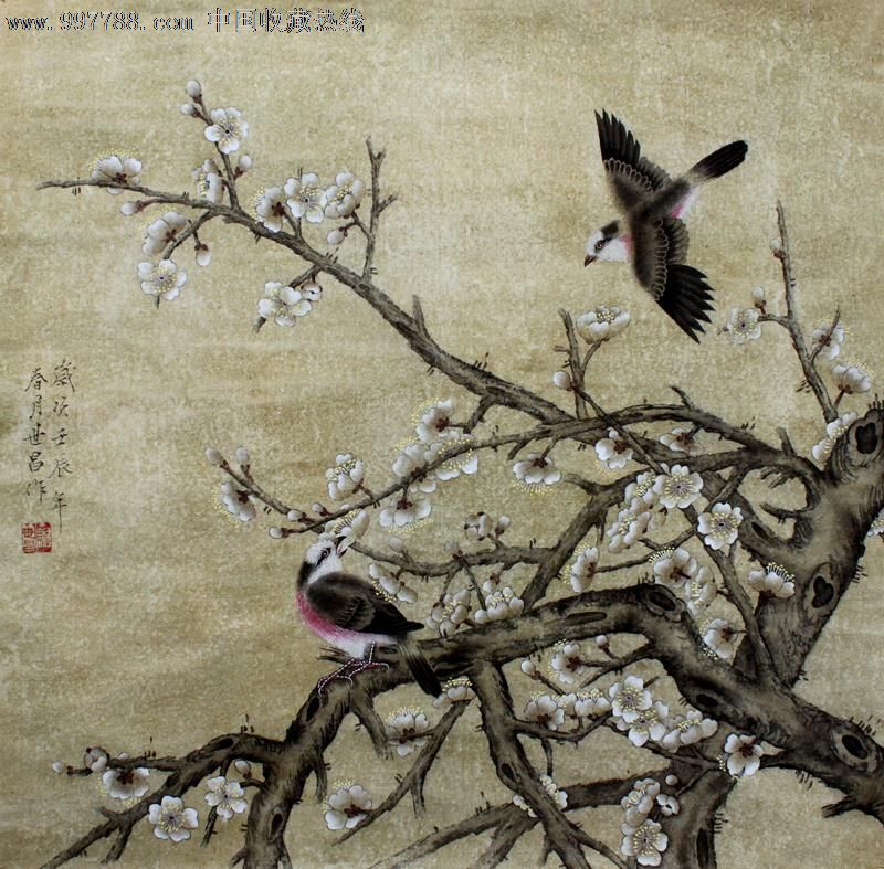 比翼鸟梅花,四尺斗方,精美礼品装饰画,推荐收藏,22516-花鸟国画原作