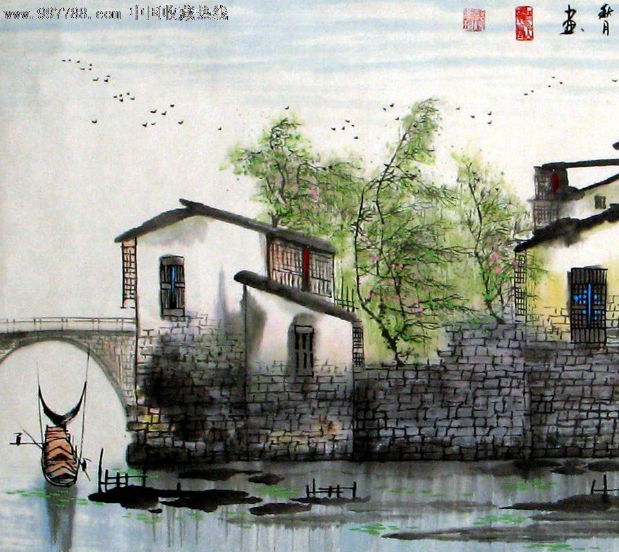 【立轴类】石丰山水画,鄉村春色,精美礼品装饰画,推