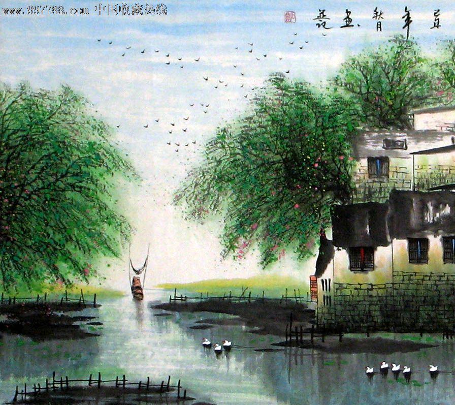 【立轴类】石丰山水画,水村風光,精美礼品装饰画