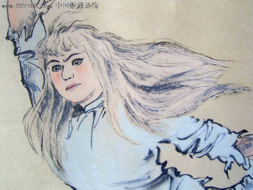 名人字画:颜梅华(1970年手绘文革题材国画)《白毛女》旧裱立轴.