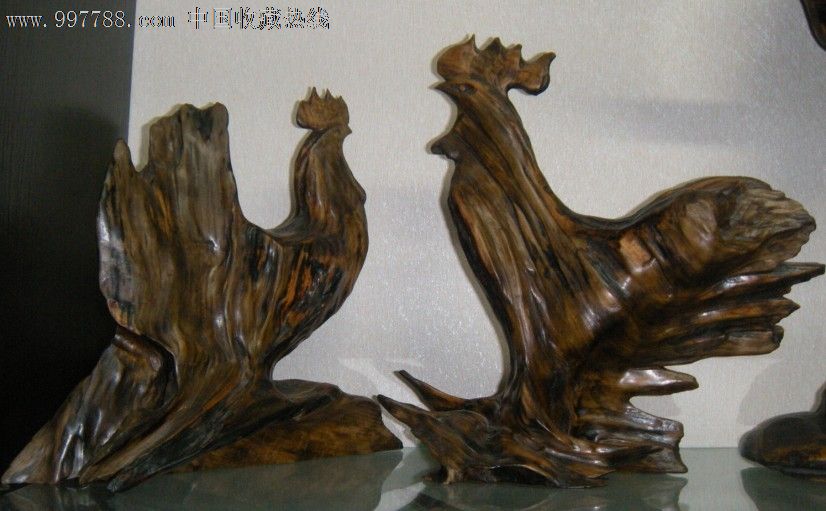 公鸡一对,根雕,其他根雕,年代不详,雕件/摆件,镂空雕刻_第1张_七七八
