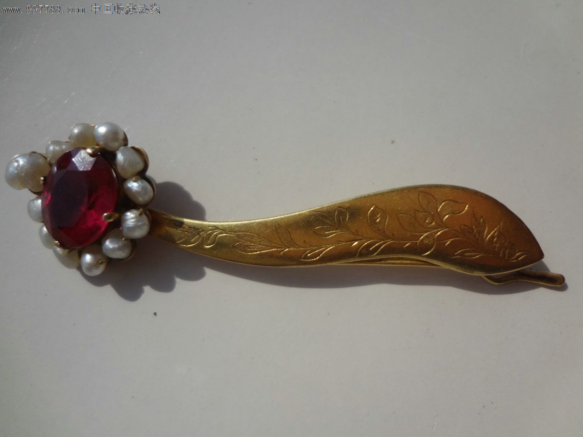sh清末第一银楼杨庆和款黄金镶宝石錾花老金夹或发夹,12珍珠围饰大型
