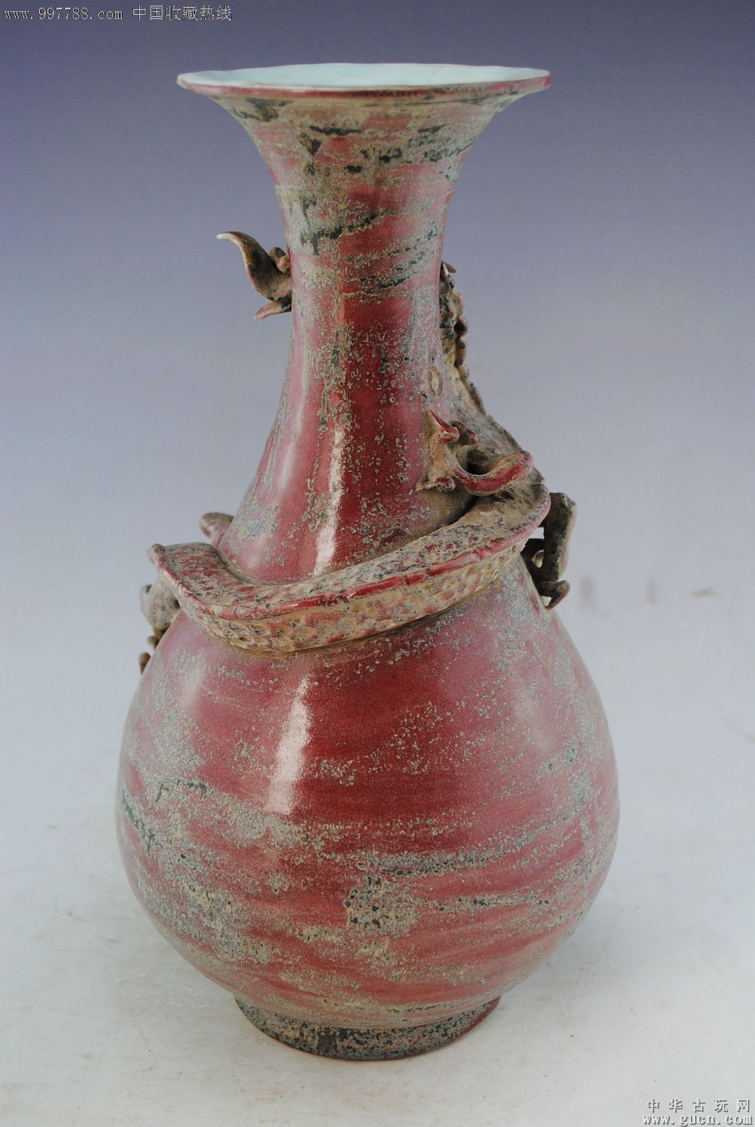 元红釉盘龙玉壶春瓶打钉,红釉瓷,矾红,元朝,瓶