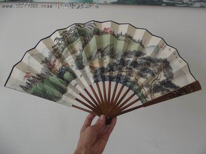 老扇子山彦刻纯手工深山访友陈华国画大师罕见精品