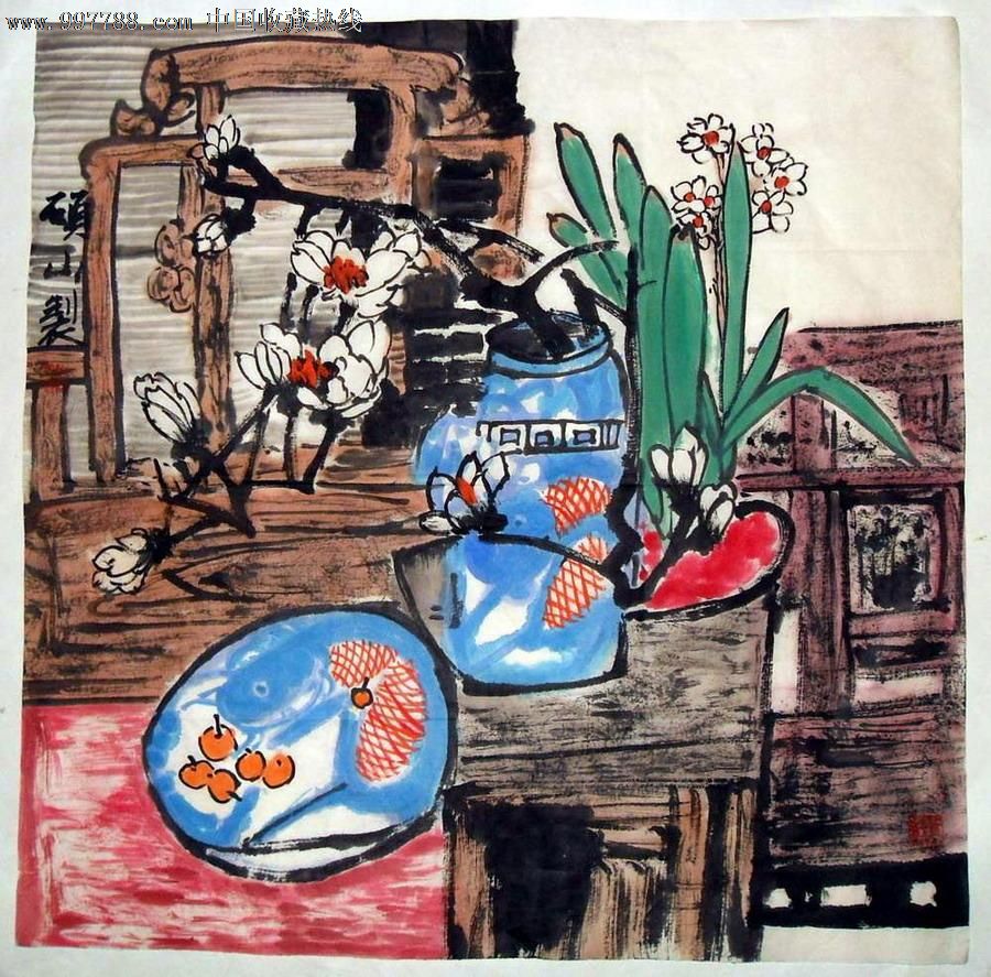 山东省美术家协会理事马硕山,重彩花卉图现代花鸟画精品