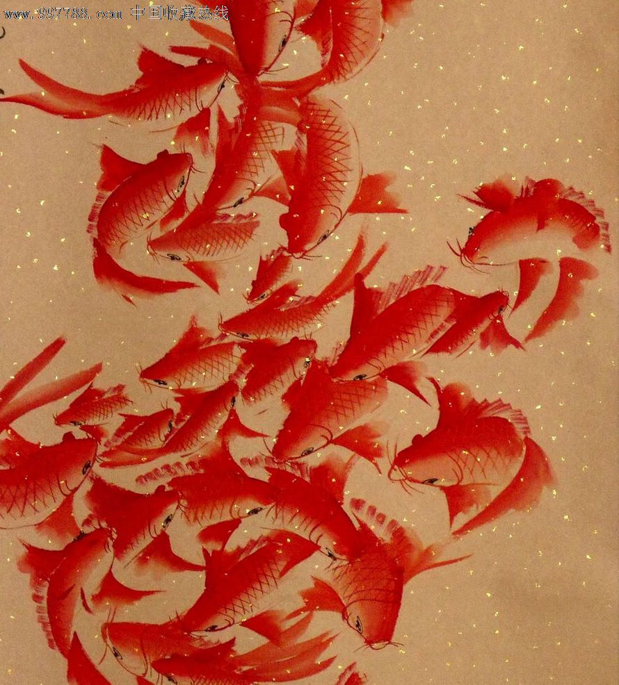 升星[虞山画派]70年代锦绫裱*纸本中堂百鲤鱼图f7