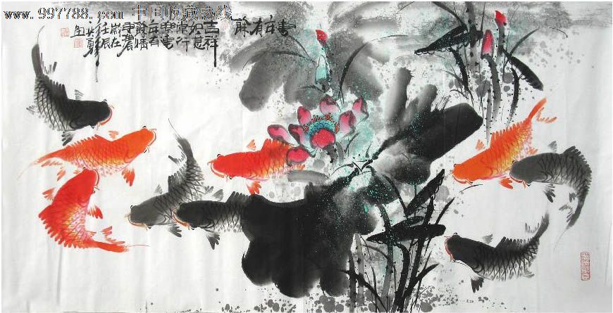 何奕勇·四尺荷花九鱼图-se14203985-花鸟国画原作-零售-7788收藏