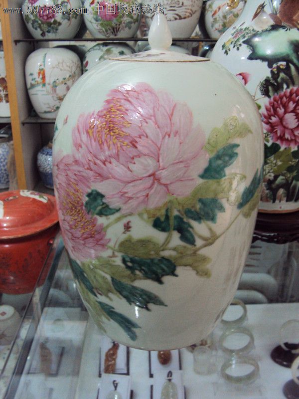 光绪名家喻春作豆青釉花鸟特大冬瓜坛一个