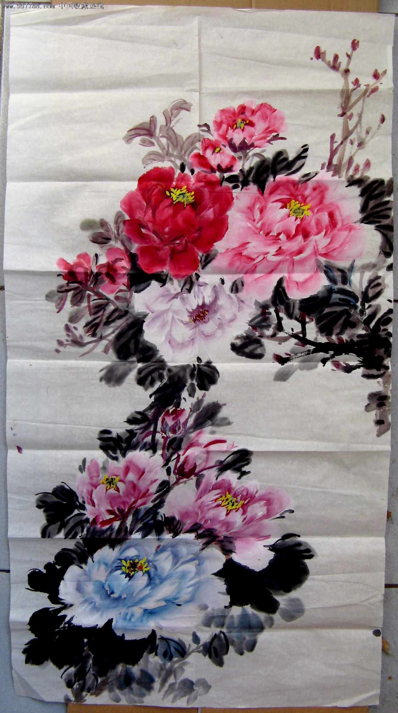 画得漂亮的三尺条幅无款牡丹画,花鸟国画原作,花卉画原画,水墨/写意