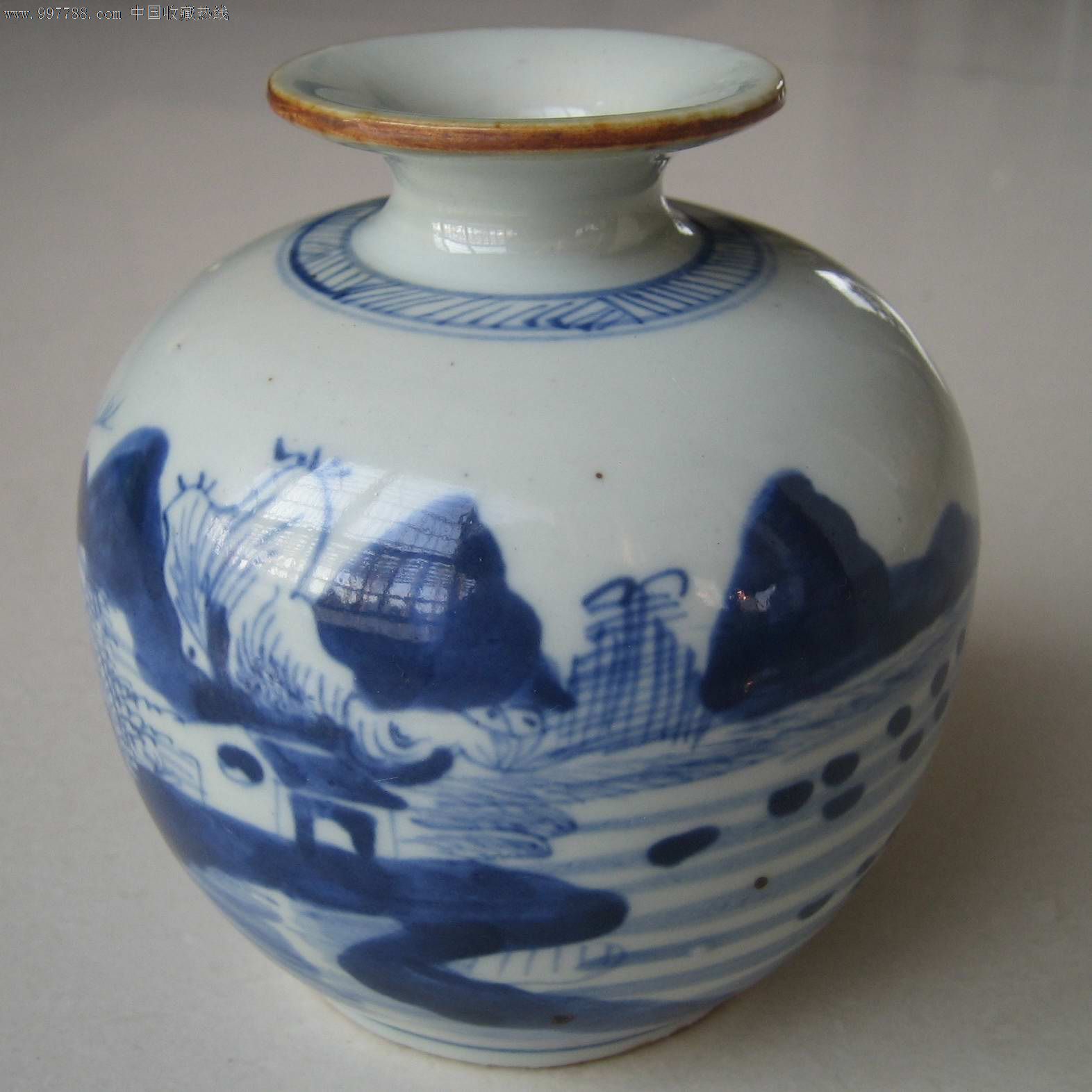 清代,酱口,青花山水苹果尊,全品