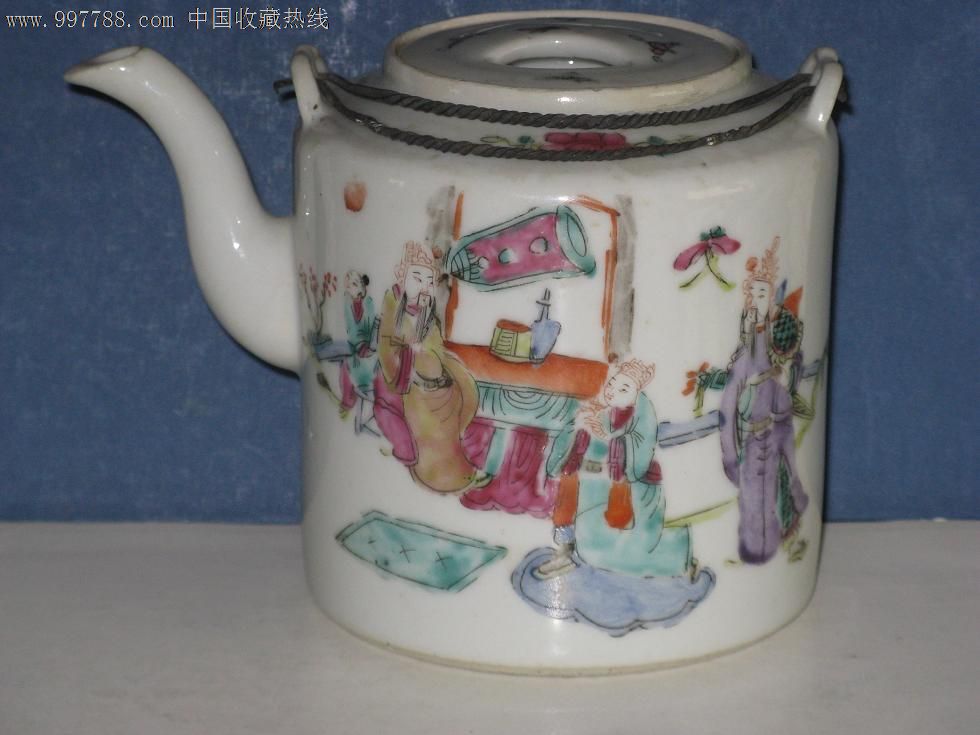 民国粉彩郭子仪拜寿图纹茼形瓷提茶壶_旧瓷器_永盛鑫【7788旧书网】