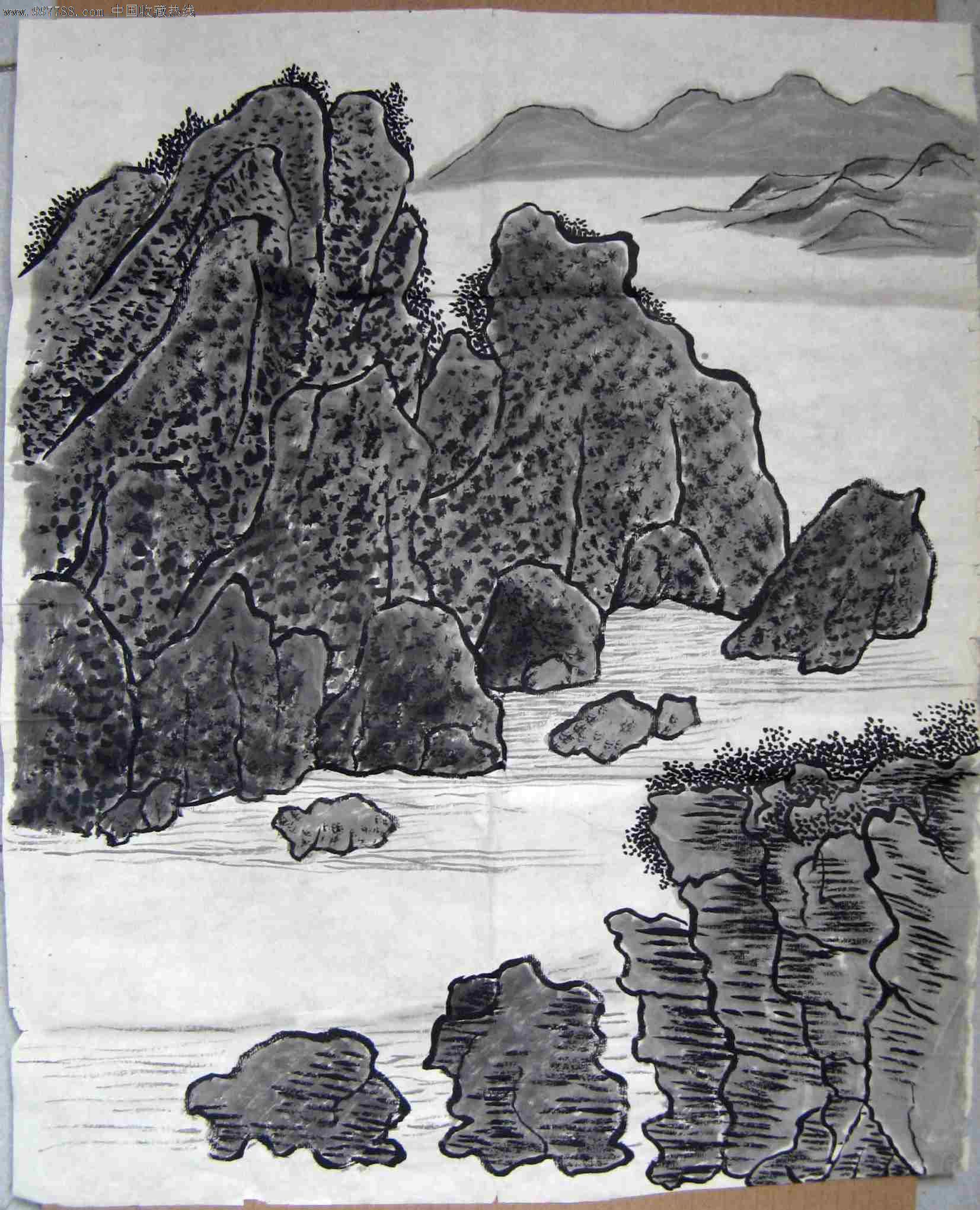 近四尺开三无款水墨山水画稿