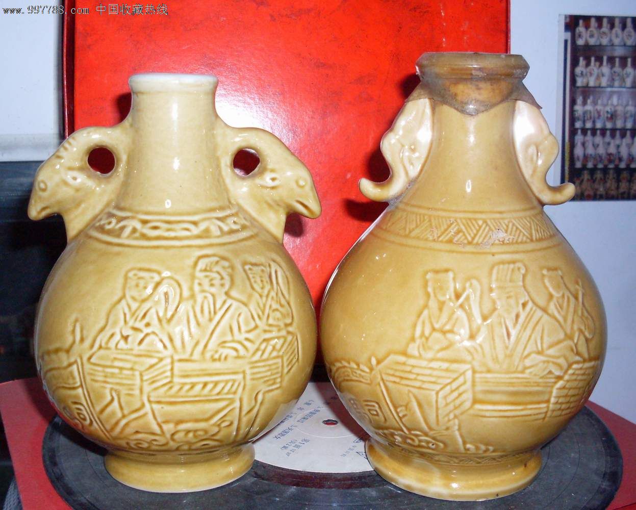 诸葛亮空城计故事图案双兽耳老酒瓶一对(酒瓶收藏,酒器酒版收藏)