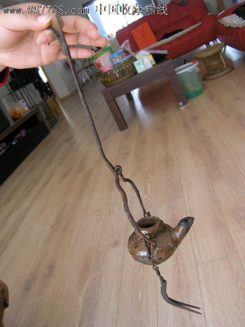 灯烛收藏晚清铁钩带火夹长嘴陶油灯02少见古玩古董陶瓷