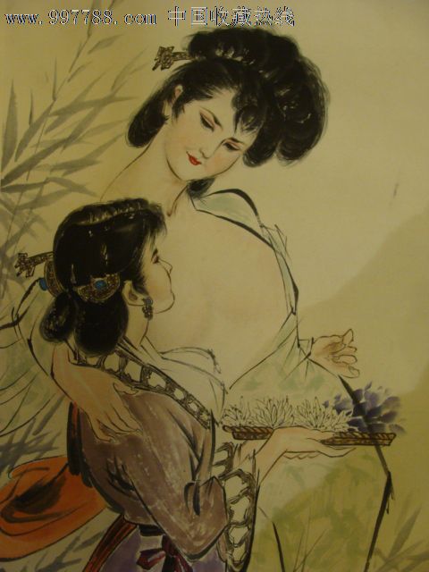 民间收原裱继贞款岁次戊午春月于京华"原野两姐妹"人物图,少女性感