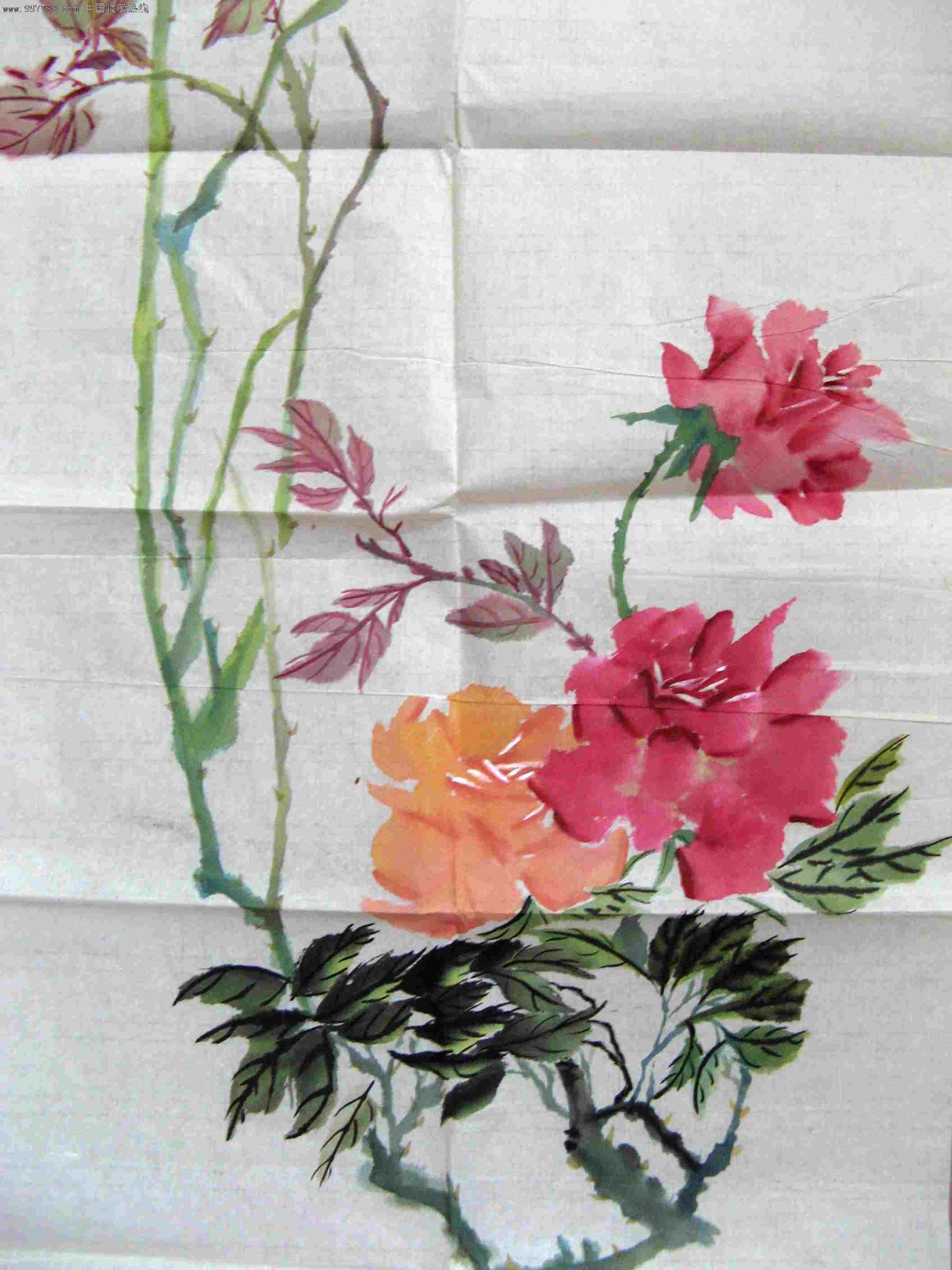 小三尺条幅无款玫瑰花画-花鸟国画原作--se15609478-零售-7788收藏