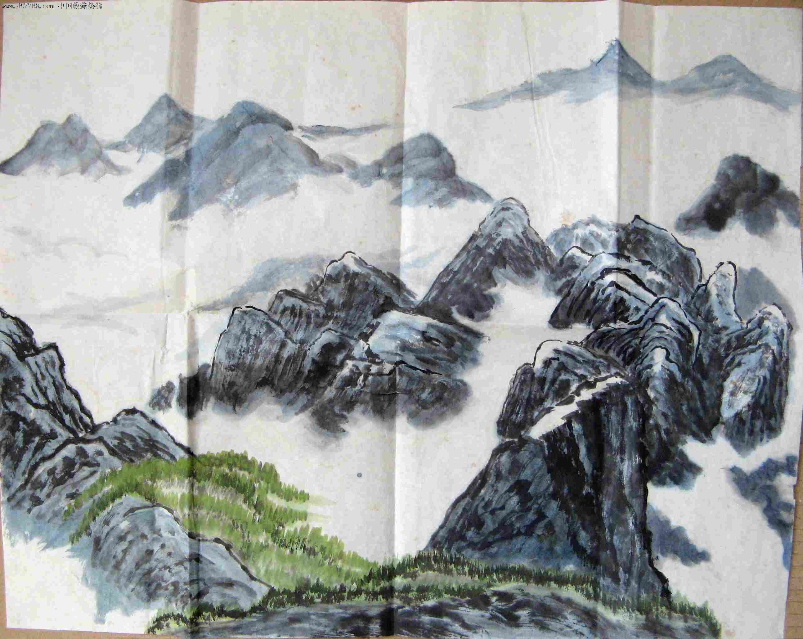 不错的尺半条幅无款山水画:山间云海