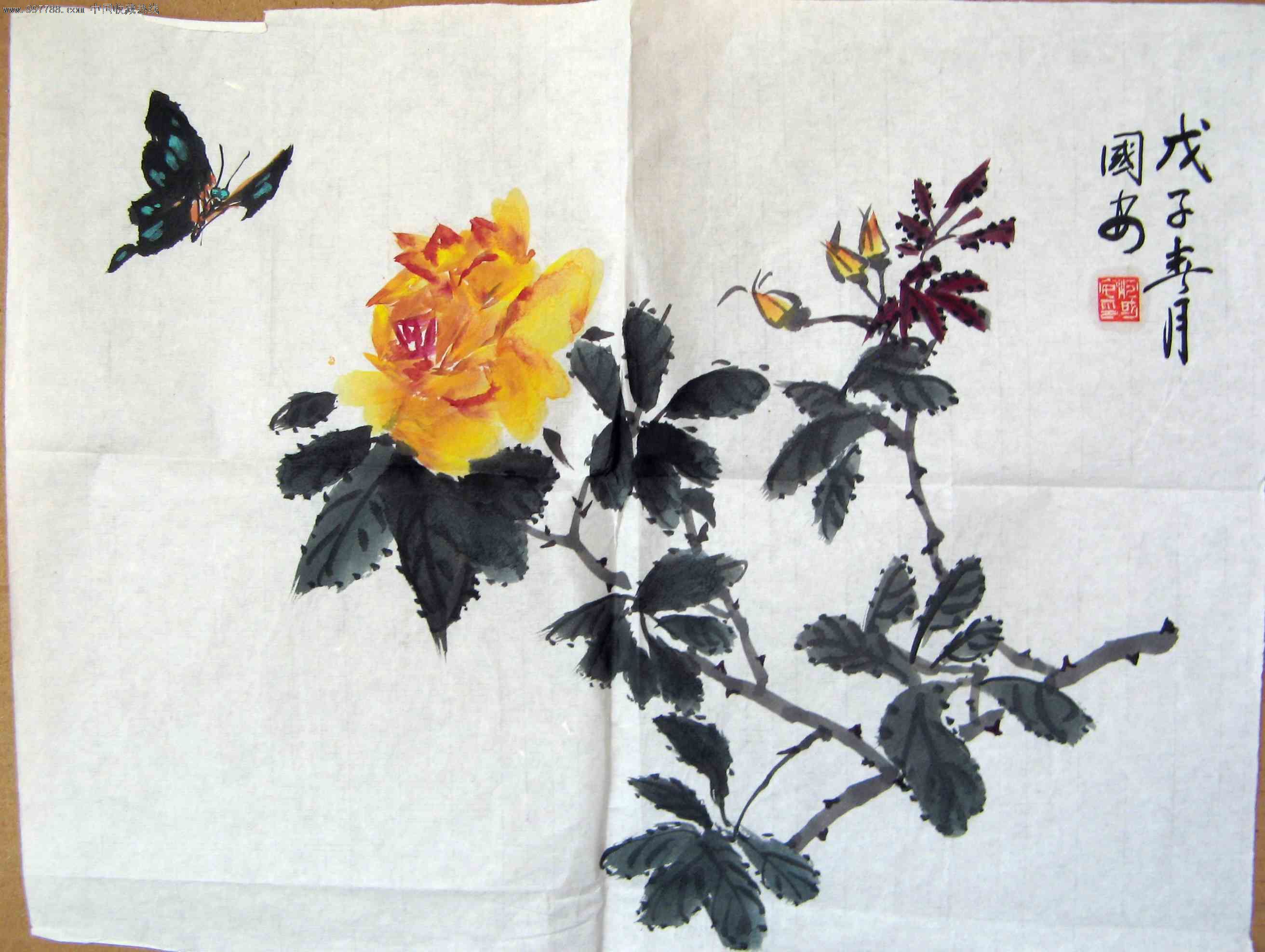 成都画家不错的尺半横幅花卉画:蝶恋花-se15959128-花鸟国画原作-零售