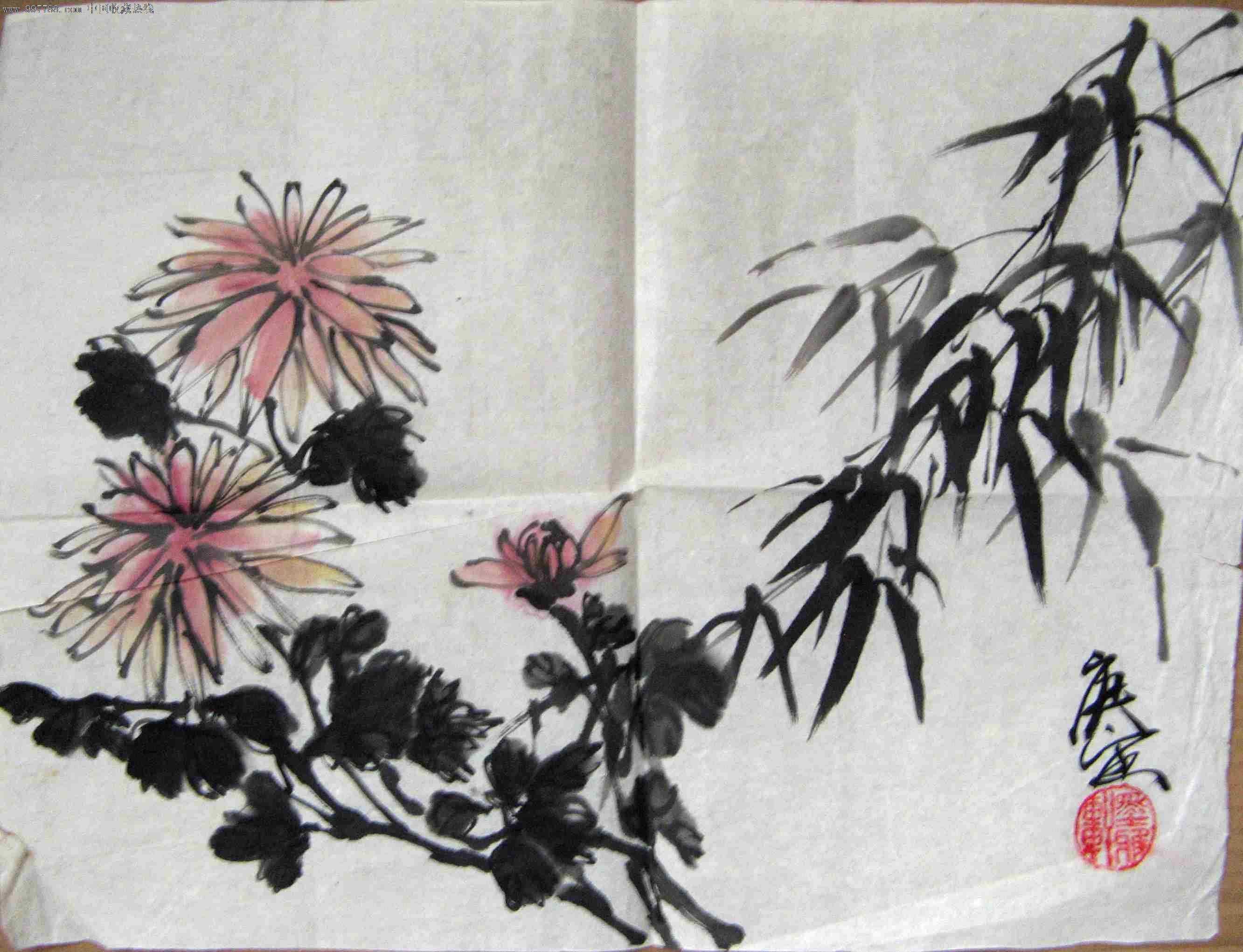 不错的尺半横幅无款竹菊图-价格:10元-se16125788-花鸟国画原作-零售