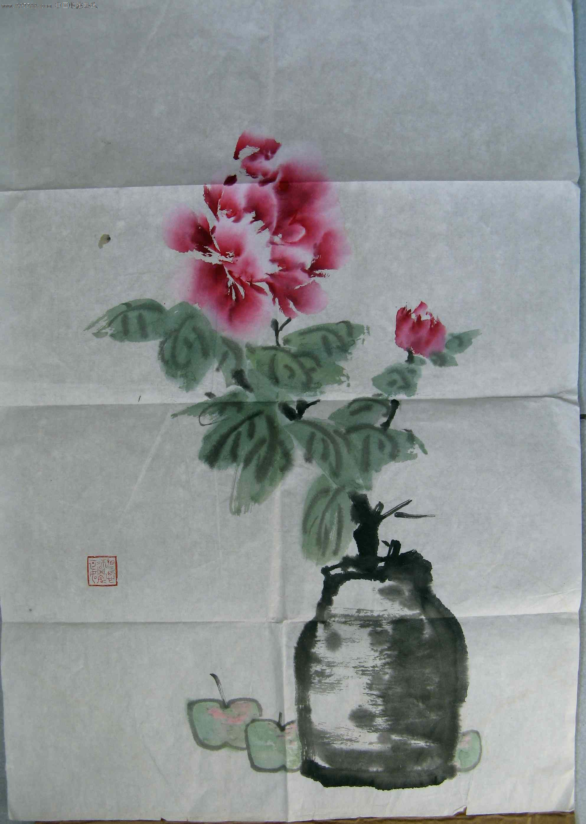 不错的四尺开三条幅花卉画:牡丹瓶花-价格:16元-se16153960-花鸟国画