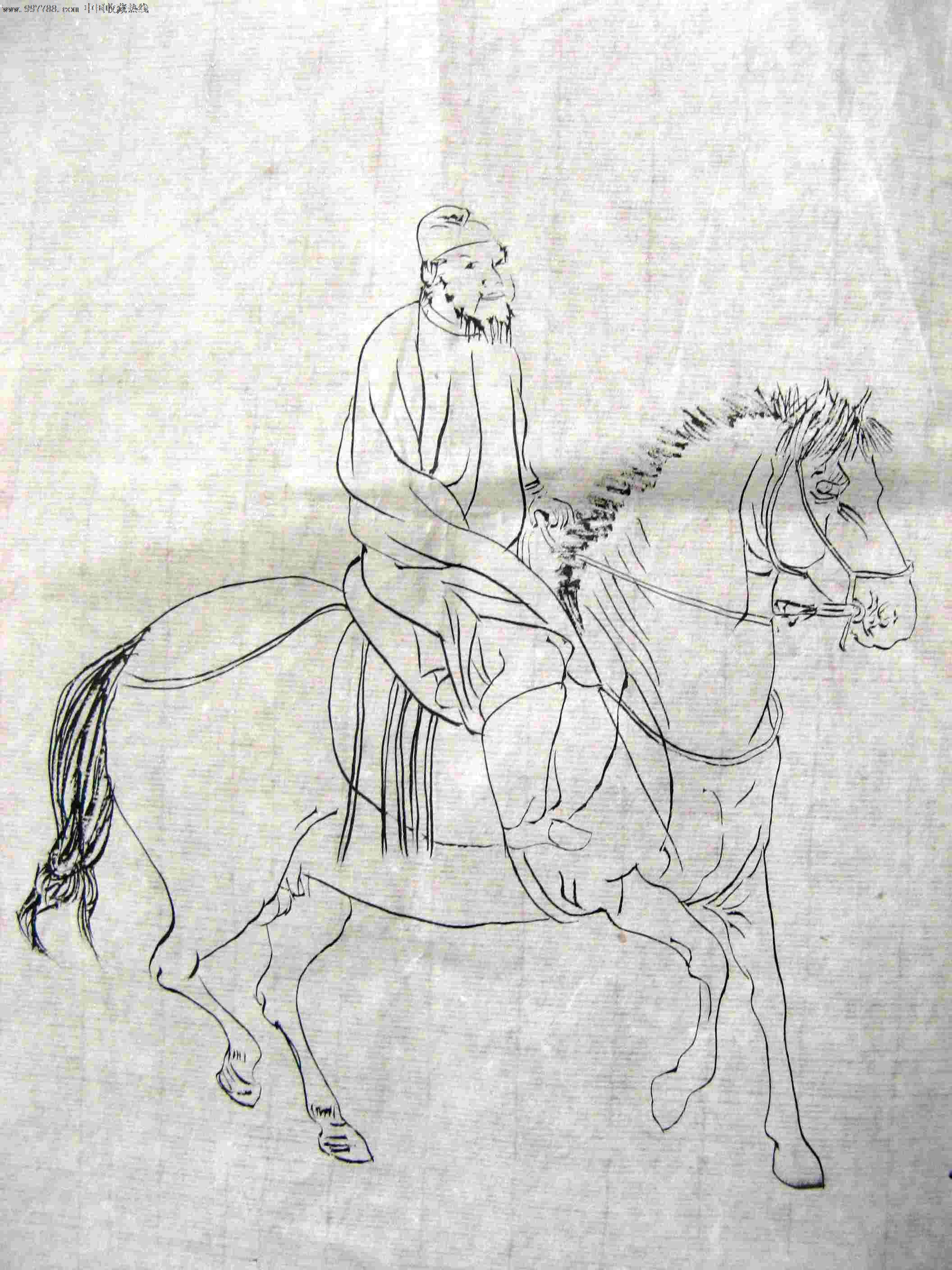 简洁老练的尺半横幅无款古代人物画:骑猎图