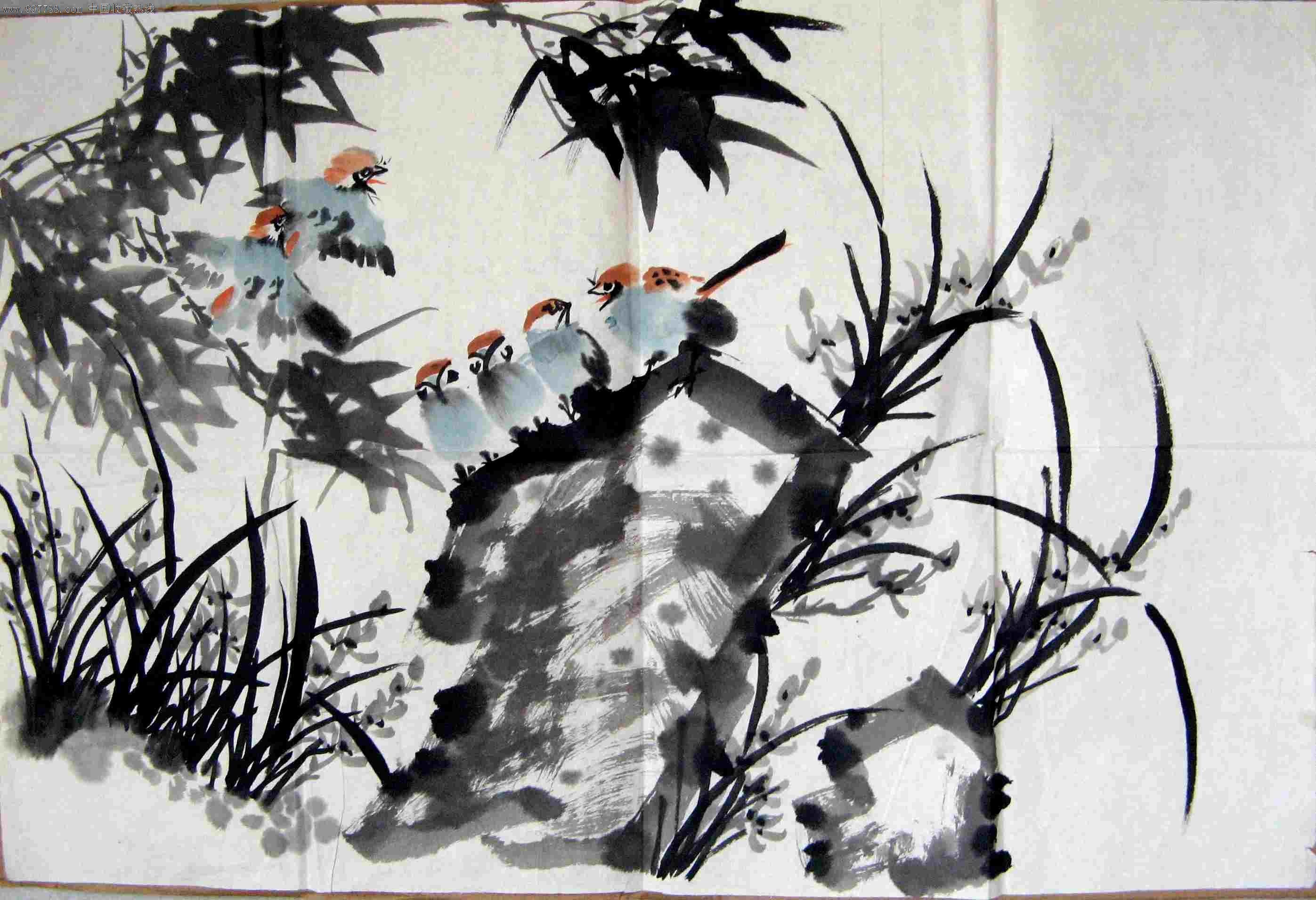 不错的四尺开三无款花鸟画争鸣