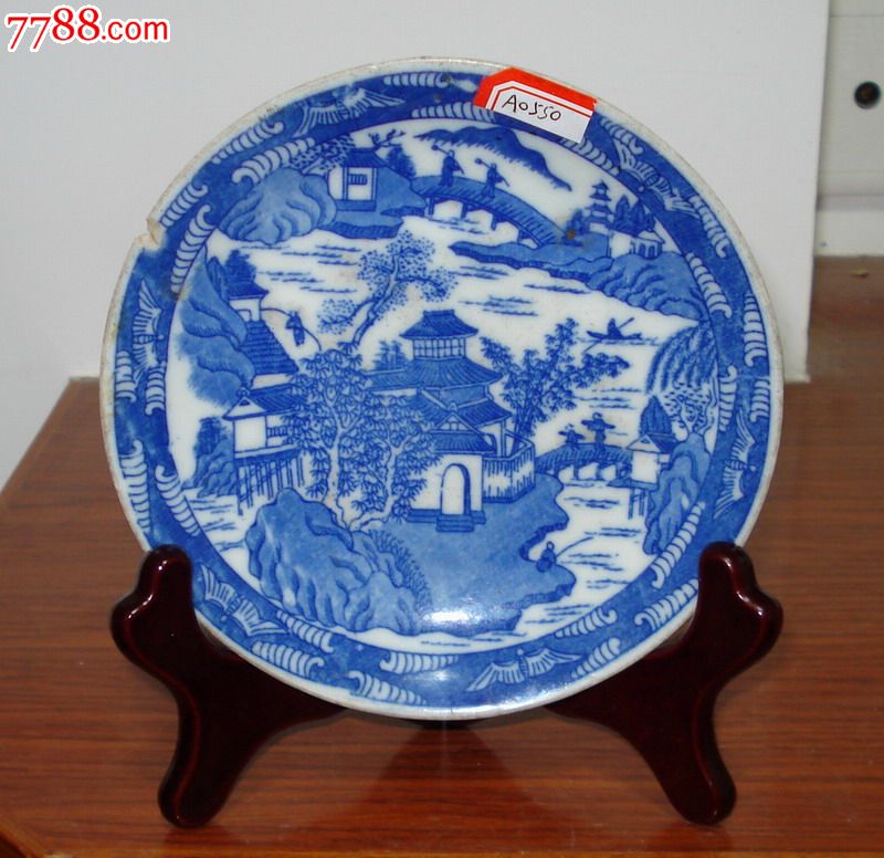 "乾隆年制"民国老贴花清明上河图青花小盘(a0550)