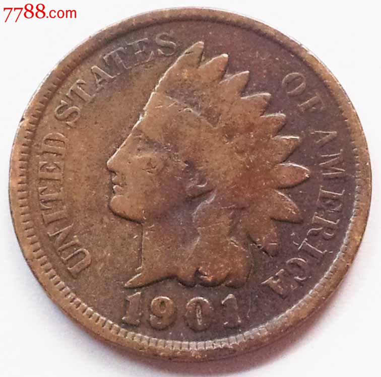 美国美元一1美分老版铜质硬币印第安人19mm