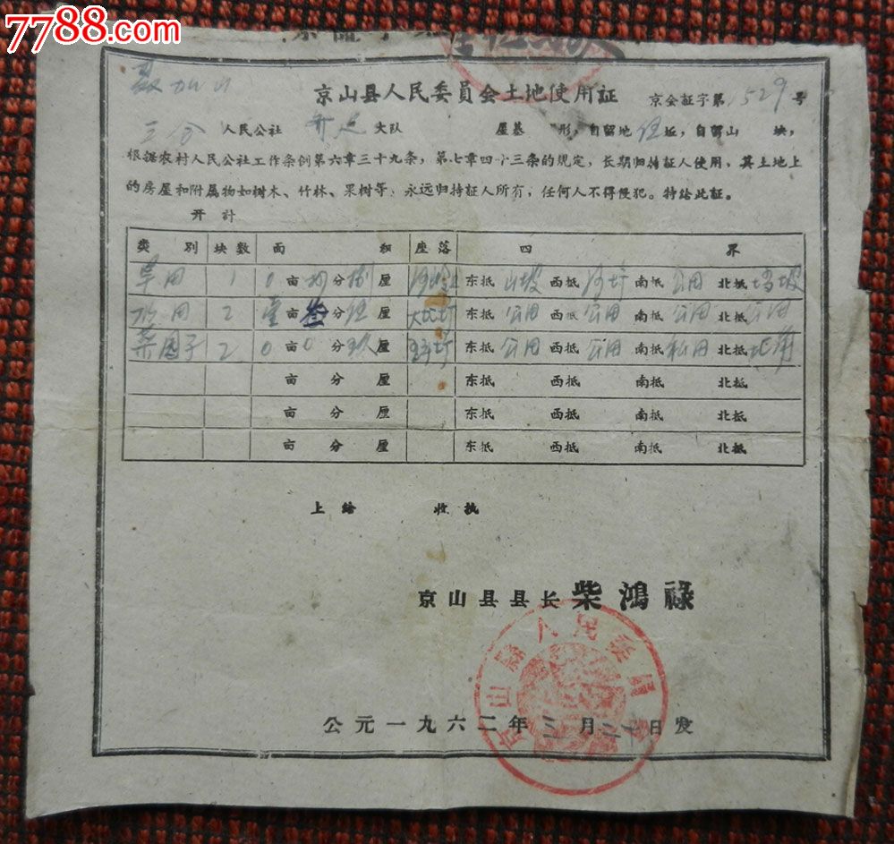 三农类--1962年京山县人民委员会土地使用证_价格15元【红旗公社】_第1张_7788收藏__收藏热线