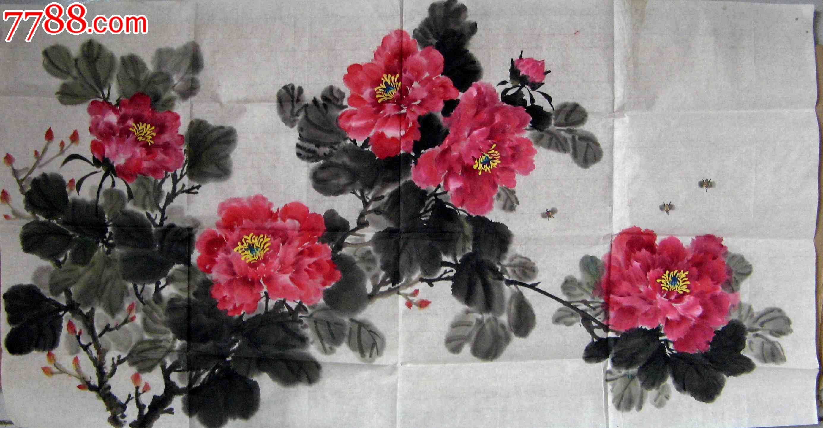 不错的三尺横幅无款牡丹画:迎春花香_花鸟国画原作_第1张_7788字画网