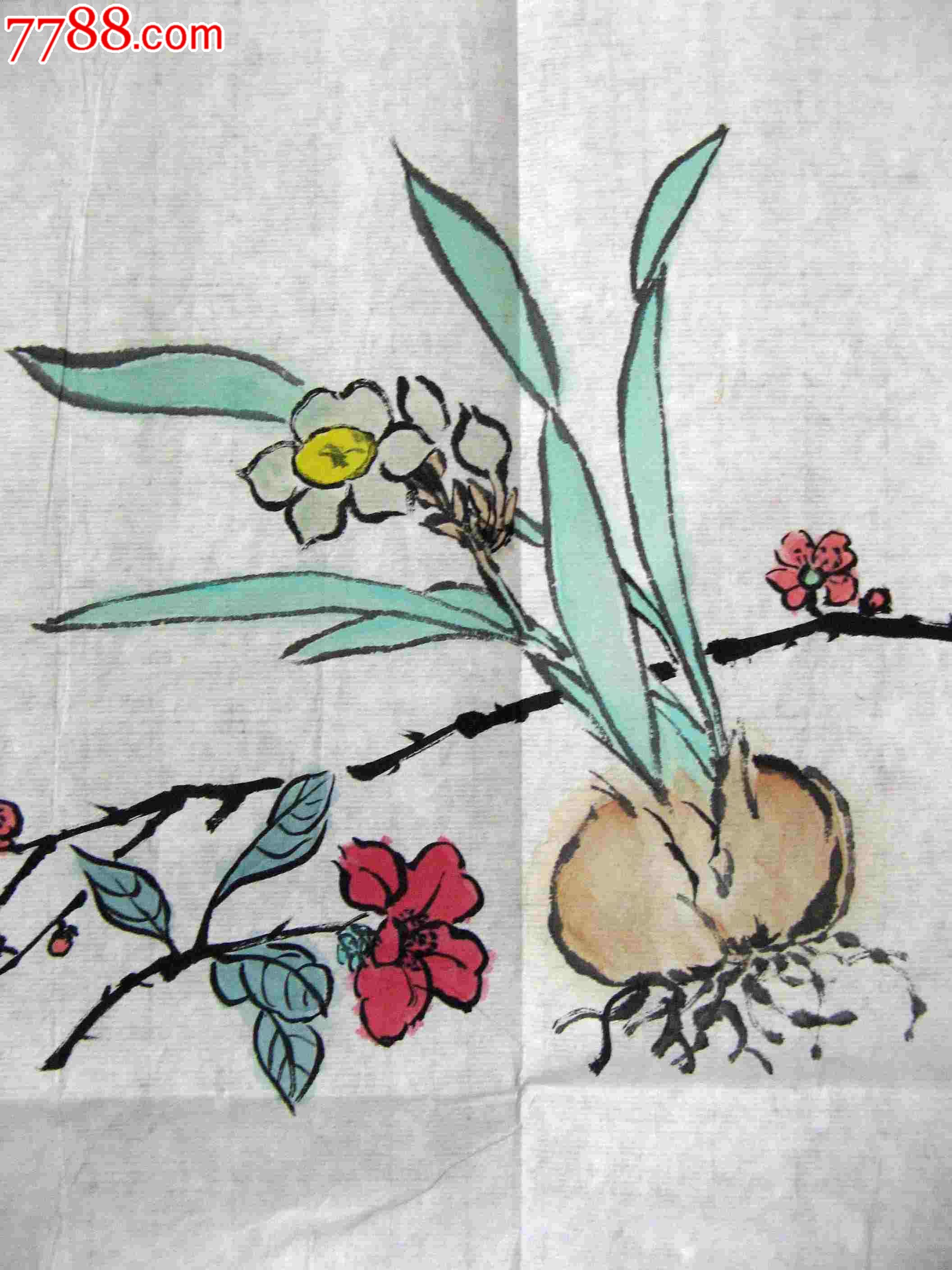 成都画家尺半横幅花卉画仿芥子园画谱《水仙茶梅》_花鸟国画原作_第2