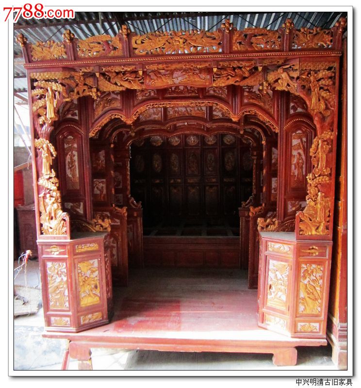 明清古典家具-金碧辉煌古旧镏金雕刻三进拔步床13857791050