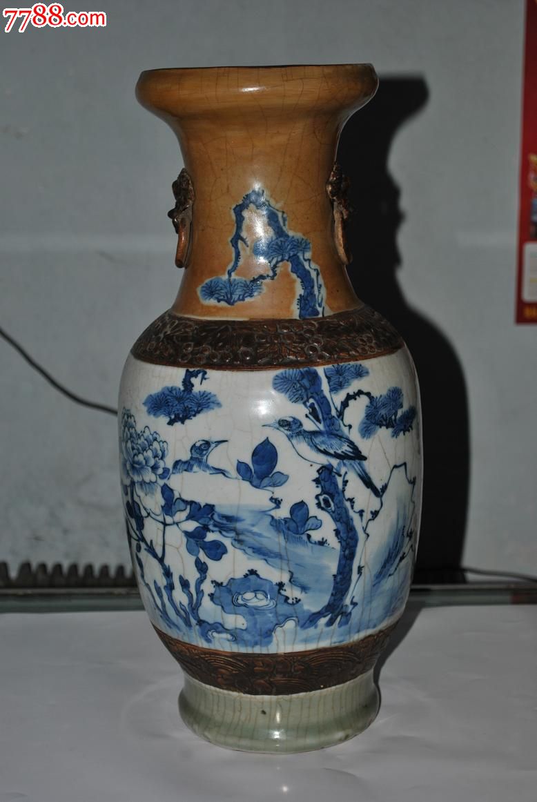 清中期三色哥釉铁锈花底青花花鸟瓶-青花瓷-7788旧书网