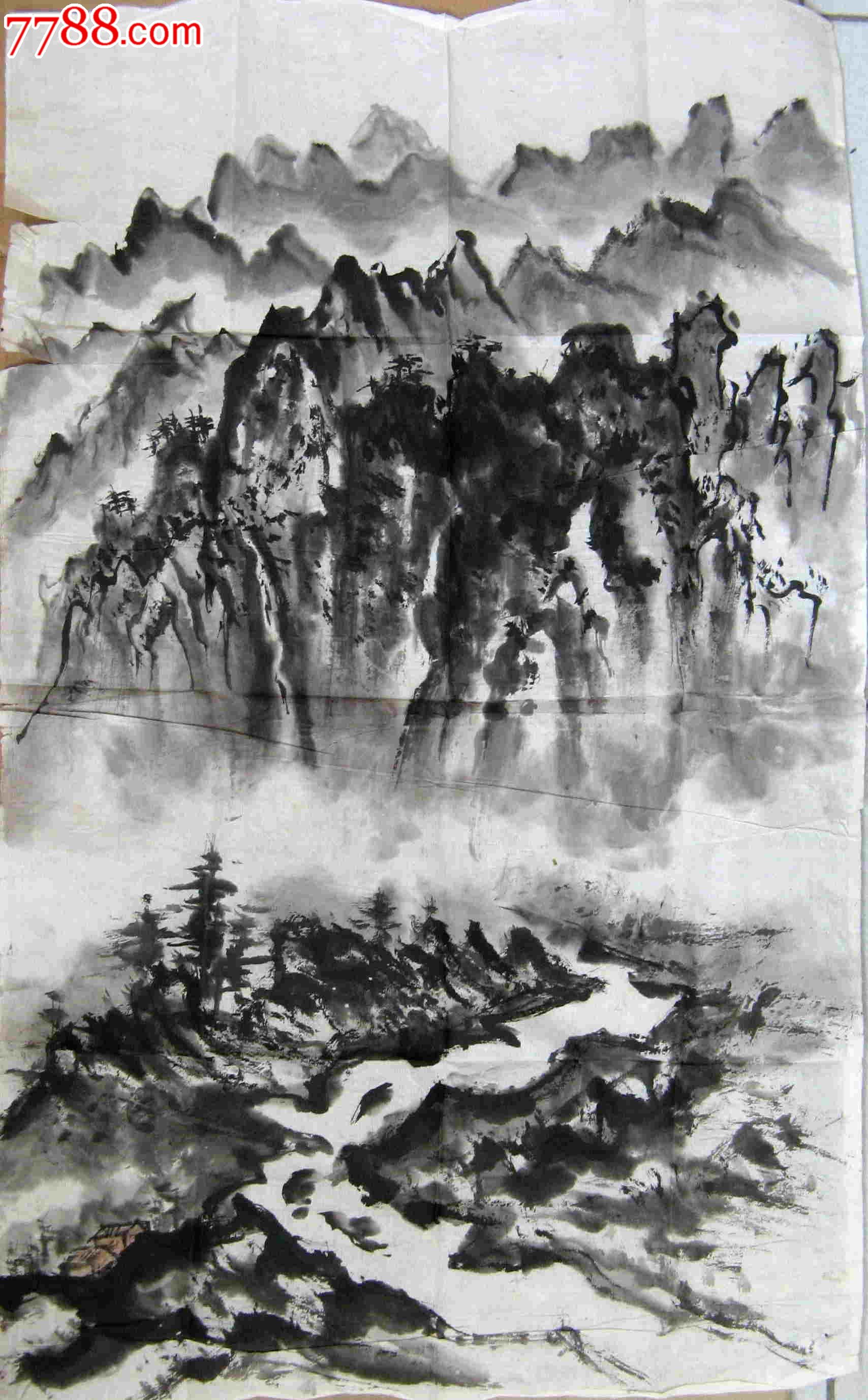小三尺条幅无款水墨山水画:山高水长-山水国画原作-7788书画网