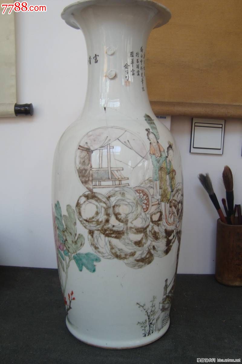 画瓷名家俞子明双面浅绛人物花鸟大瓶(精残)