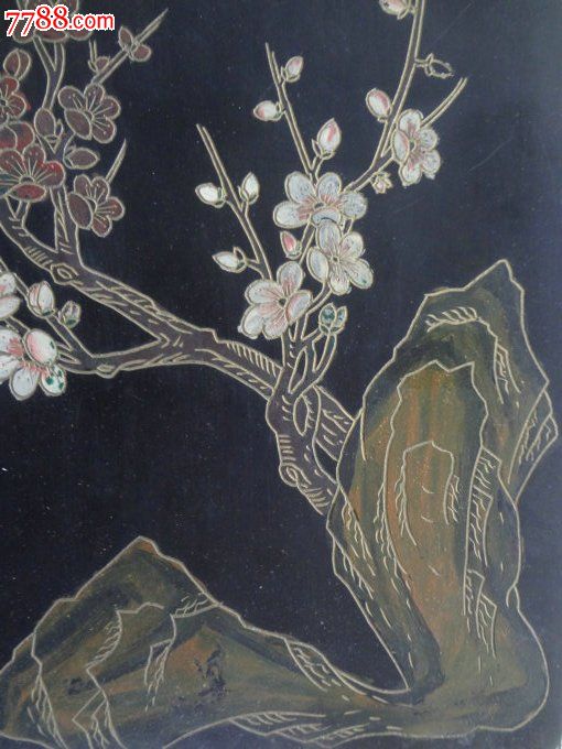 wpel-漆器老版画-经典大漆手绘花鸟木版画一块,喜鹊登梅图,36×33.5cm